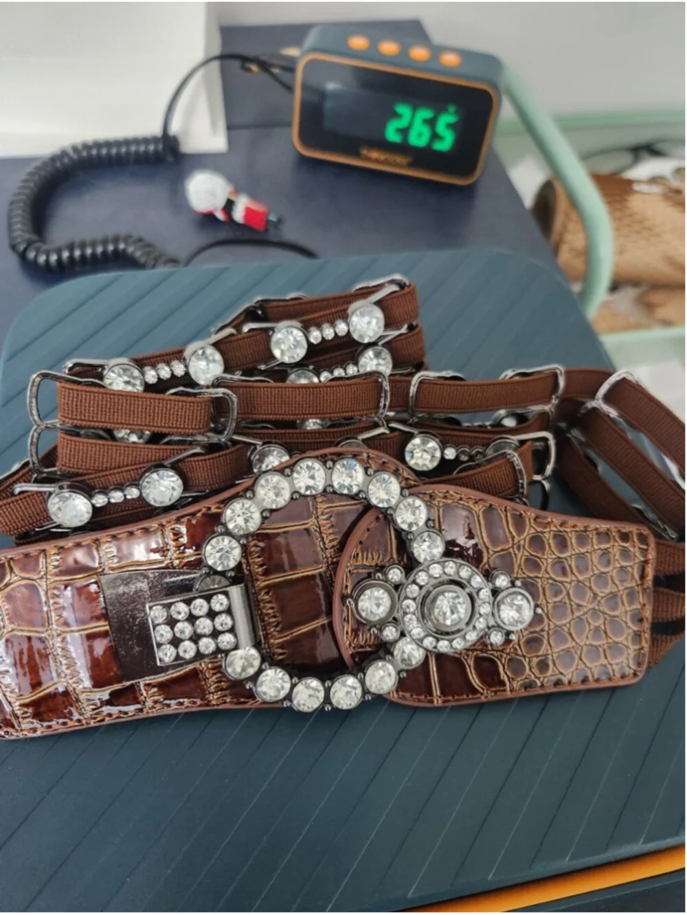 Brown Y2K Statement Belt Rhinestone Elastic Stretch Waist Belt McBling 2000s